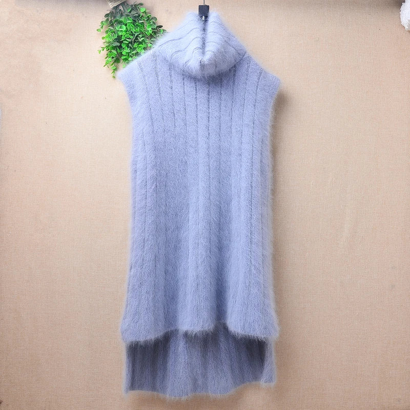 Ladies Women Fall Winter Clothing Hairy Angora Rabbit Hair Knitted Sleeveless Turtleneck Slim Blouses Vest Mink Fur Sweater