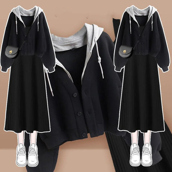 Women's Clothes Spring Autumn Single/Outfits Korean Fashion Casual Hooded Coat Knit Dress Suits Casual Jacket Two Piece Set