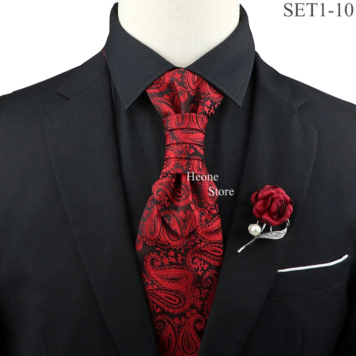 New Men's Premium Paisley Tie Brooch Set Red Black Blue Ajustable Neck Tie Luxury Classic Suit Tuxedo Groom Wedding Accessories