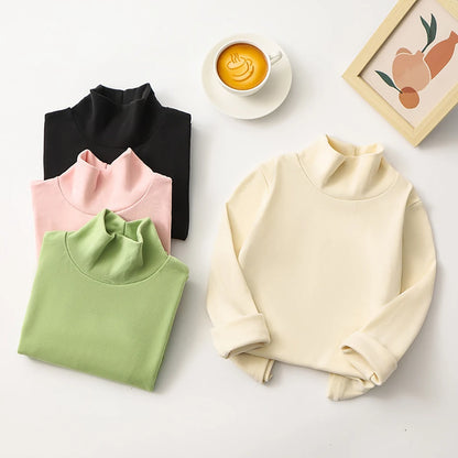 Autumn Winter Long Sleeve Children T-Shirt with Turtleneck Collar for Boys Girls Solid Color Base Shirt Tops Kids Casual Clothes