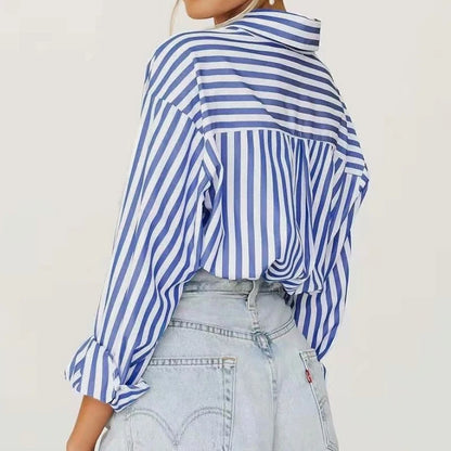 Autumn New Korean Style Loose Casual Free Size Small Fresh Vertical Blue Striped Long-Sleeved Shirt Ladies With Coat Blouse