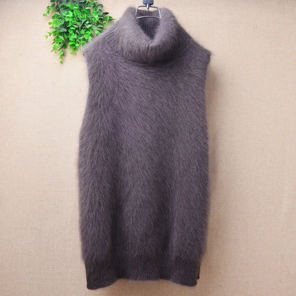 Ladies Women Fall Winter Clothing Hairy Angora Rabbit Hair Knitted Sleeveless Turtleneck Slim Blouses Vest Mink Fur Sweater