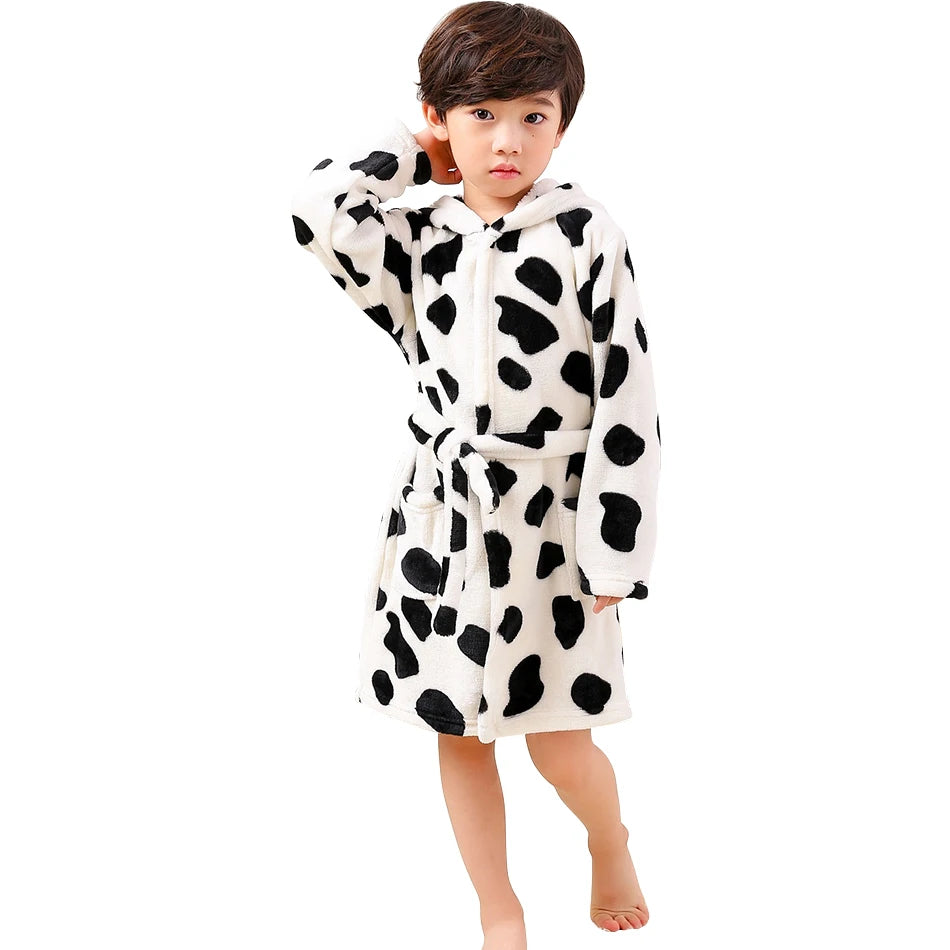 Children Hooded Flannel Bathrobe Robes Adorable Comfortable Cartoon print pattern Boys and Girls Home Wear Casual Sleepwear