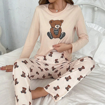 Aututmn Winter Leopard Print Pajamas for Women Heart Pattern Long Sleeve Pijamas Milk Silk O-neck Homewear Girls Sleepwear