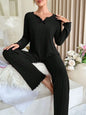 Women Autumn Winter Sleepwear Ribbed Pajamas Set Long Sleeve Top and Long Pants 2 Piece Set Casual Homewear Loungewear