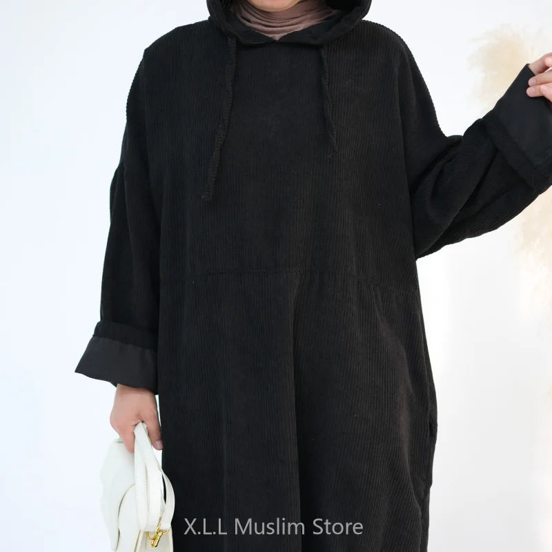 Drawstring Corduroy Abaya Closed Loose Casual Winter Muslim Woman Prayer Outfit Clothes Kaftan Kebaya Turkey Plus Size Dresses