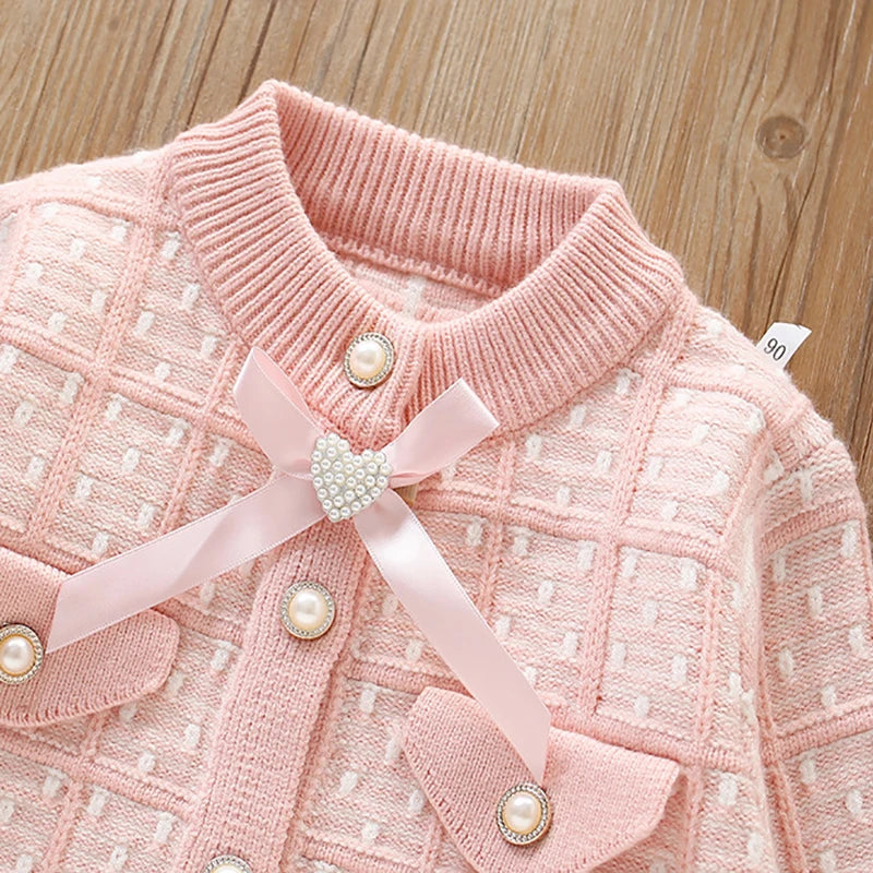 Little maven Children's Plaid Outfits With Bowknot for Baby Girls Princess Suits Winter Elegant Sweater + Dress Lattice Set