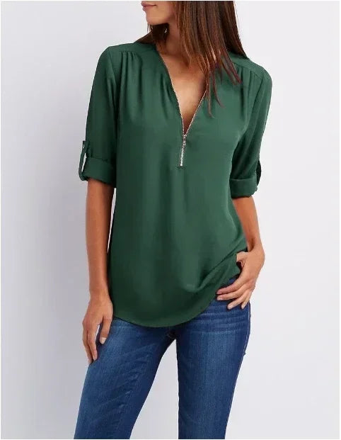 Summer Women Cool Loose Shirt Deep V Neck Chiffon Blouse Casual Ladies Tops Sexy Zipper Pullover Plus Size Long Sleeve Fashion