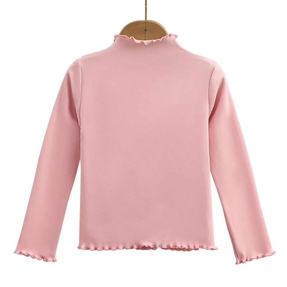 Autumn Winter Fashion Girl Long Sleeve T-Shirt with Ruffle Edges for Kids Soft and Warm Solid Color Children Casual Clothes Tops