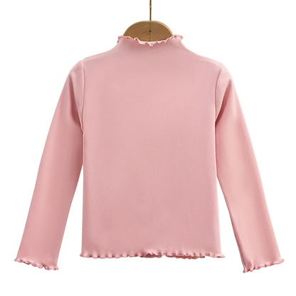 Autumn Winter Fashion Girl Long Sleeve T-Shirt with Ruffle Edges for Kids Soft and Warm Solid Color Children Casual Clothes Tops