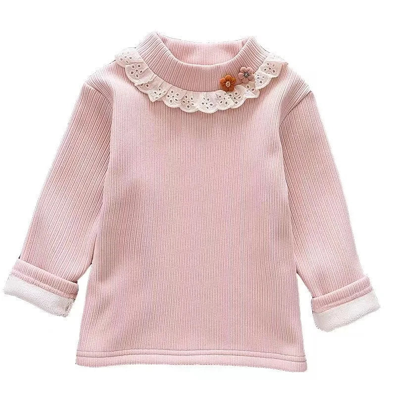 Girls Underlay 2025 New Winter Children's Half High Collar Girl Baby Foreigner Cute Plush Thickened Top Girls' T-shirt Kids