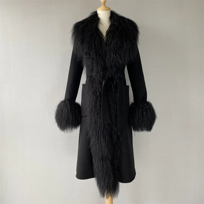 Women Mongolian Sheep Fur Coat Long Style Cashmere Jacket With Real Fur Trim Lady Autumn Winter Fashion Warm Outerwear