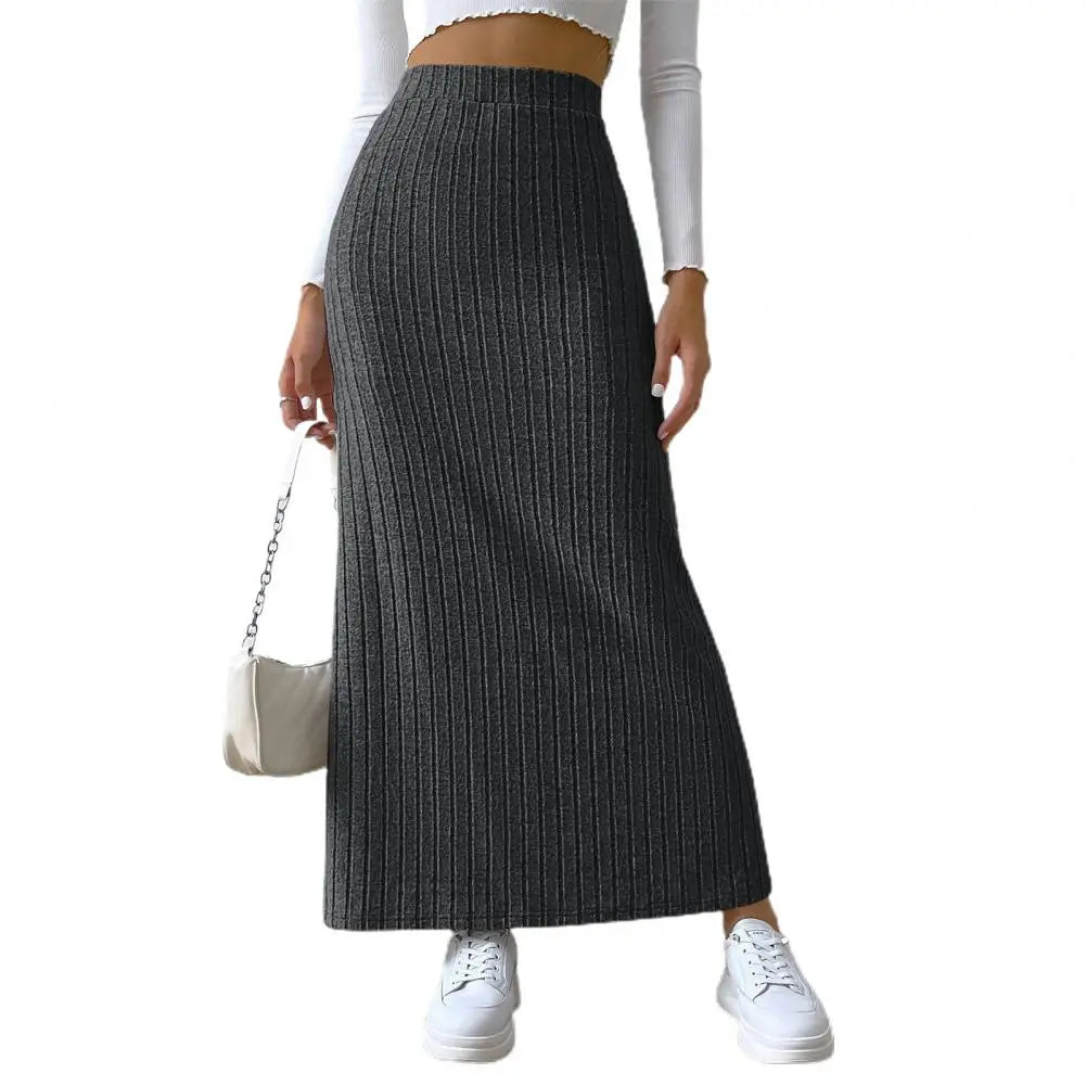 Solid Color Long Skirt Striped High Waist Knitted Maxi Skirt for Women Warm Slim Fit Ankle Length Sheath Skirt with Split Hem