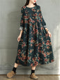 Cotton Vintage Print Floral Dresses 2024 Women Casual Loose Long Sleeve Dress Femme Robe Vestidos Elegant Spring Autumn Clothing