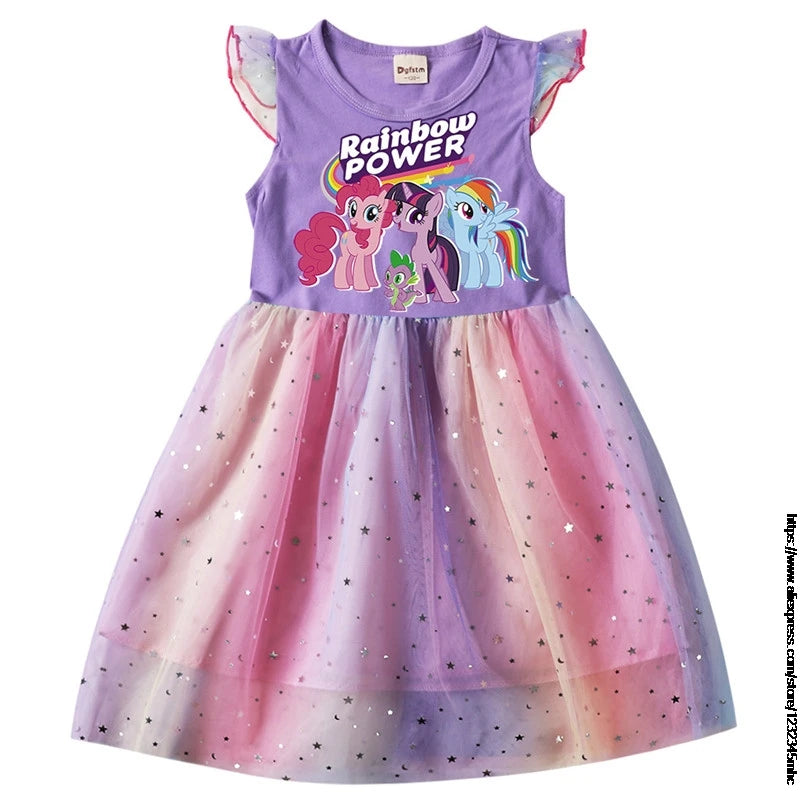 New Girls Mid-length Dress Flying Sleeves Round Neck My Little Baby girl pony Summer Dress Net Gauze Princess Dress