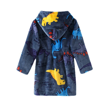 Children Hooded Flannel Bathrobe Robes Adorable Comfortable Cartoon print pattern Boys and Girls Home Wear Casual Sleepwear