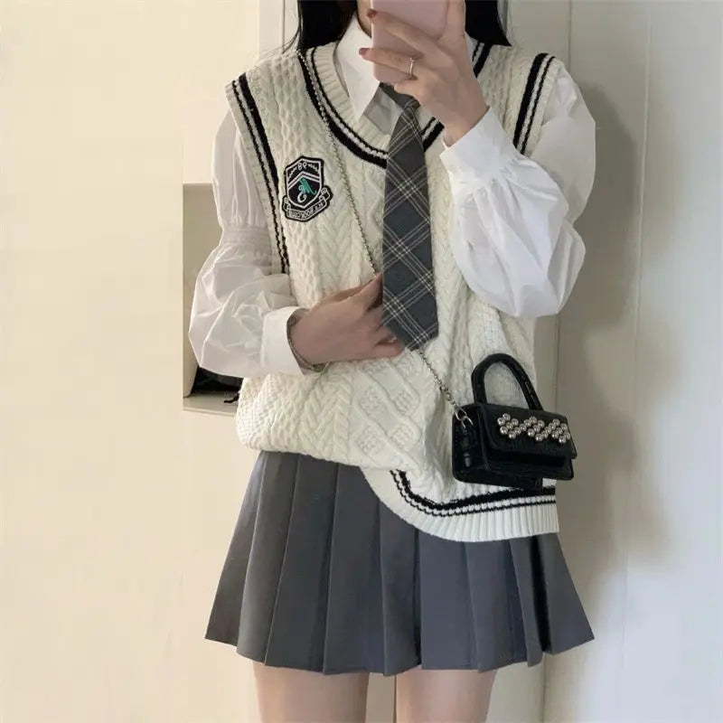 Japanese Cute School Uniform Women Korean Winter Knitting Sweater Skirt Sets V-neck Long Sleeve Jk Uniform School Girl Cosplay