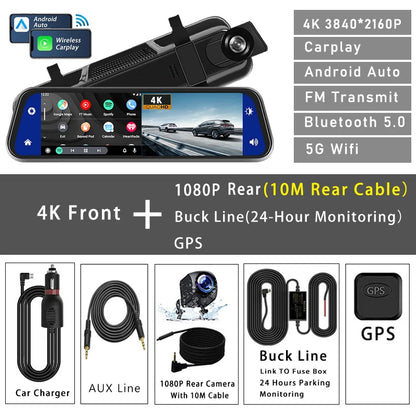 10"  Dash Cam 4K 3840*2160P Car Dvr Carplay Android Auto GPS 5G WIFI AUX Stream RearView Mirror Dashcam Camera Drive Recorder FM