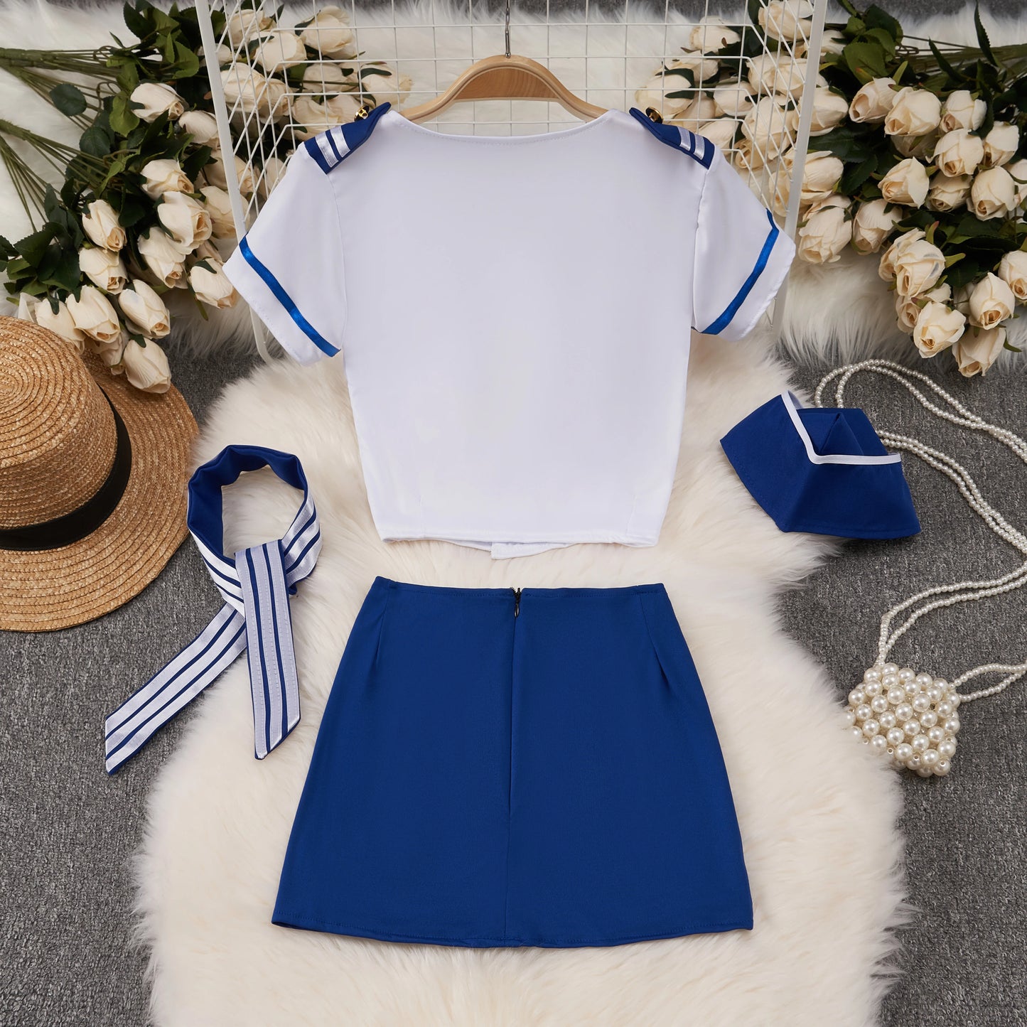 Female Sailor Officer Flight Uniform Role-playing Short Suits 4 Pieces V-neck T-shirt CropTop Blue Hip Wrap Skirt