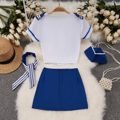 Female Sailor Officer Flight Uniform Role-playing Short Suits 4 Pieces V-neck T-shirt CropTop Blue Hip Wrap Skirt