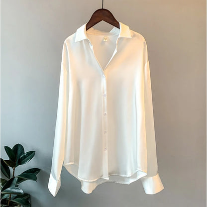 Spring Fashion Button Up Silk Shirt Vintage Blouse Women Satin Tops Office Lady Elegant Long Sleeves Loose Shirts