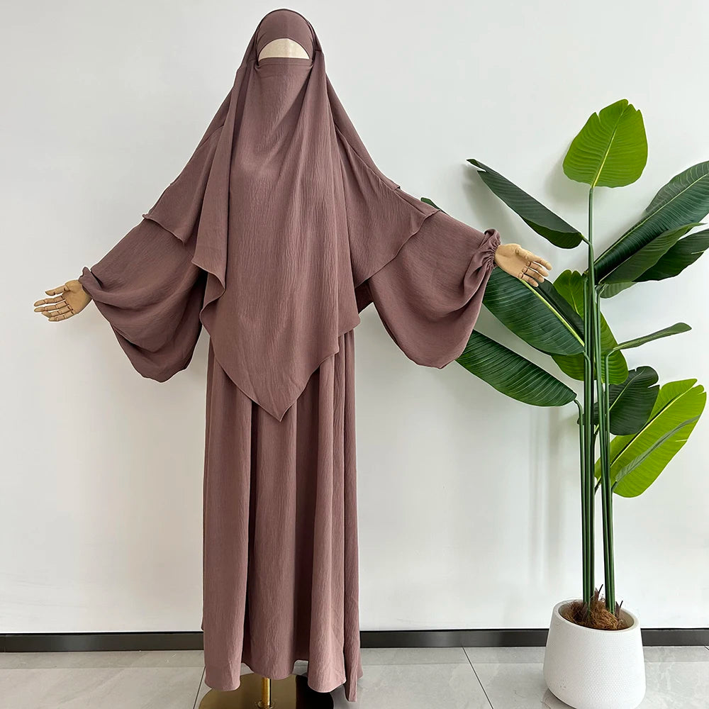 Abaya Khimar Set 2 Piece Jazz Crepe Balloon Sleeve Muslim Dress Women Dubai Luxury Wholesale Prayer Jilbab Islamic Clothing