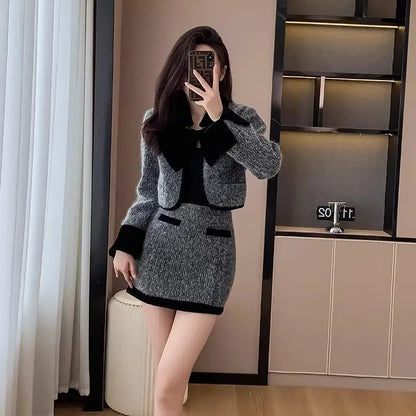 Women's Autumn/winter French Elegant Tweed Suit Skirt Set, Retro Solid Contrasting Woolen Suit Collar Jacket Skirt Two-piece Set