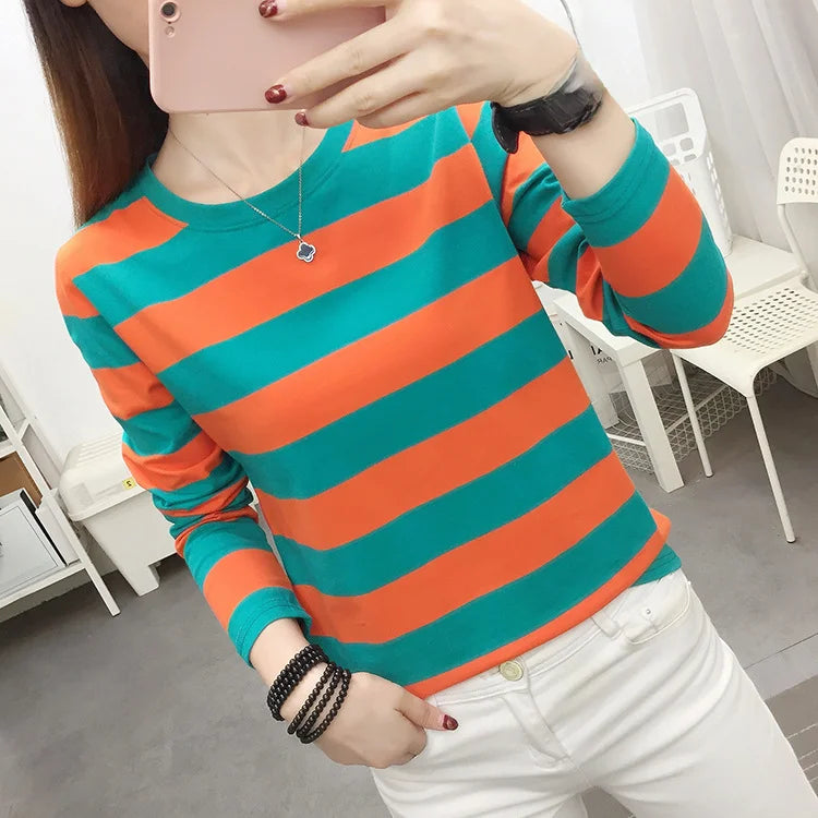 Autumn Loose Pure Cotton Long Sleeve T-shirt Women Clothing Middle-aged Mom Base Shirt Striped Top