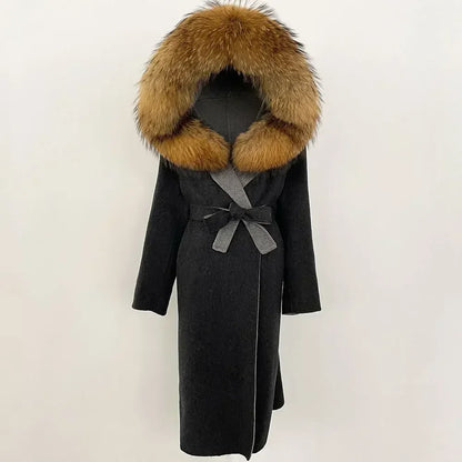 Real Natural Fox Fur Coat Winter Hooded Detachable Collar Fur Jacket Long Woolen Jacket Women Double-faced Casual Overwears