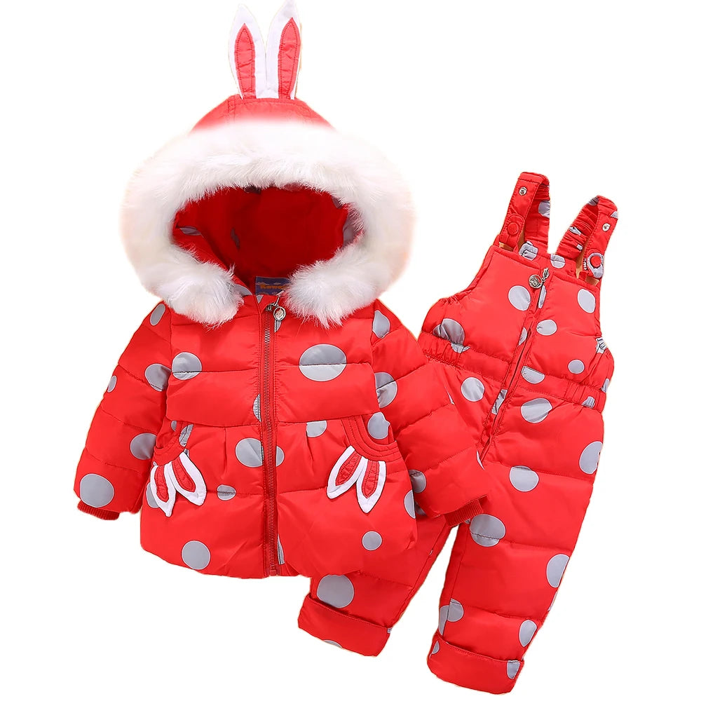 OLEKID 2024 Baby Girls Winter Down Snowsuit Cartoon Rabbit Jacket Coat Overalls Infant Girls Clothes Set 1-4 Years Toddler Suit