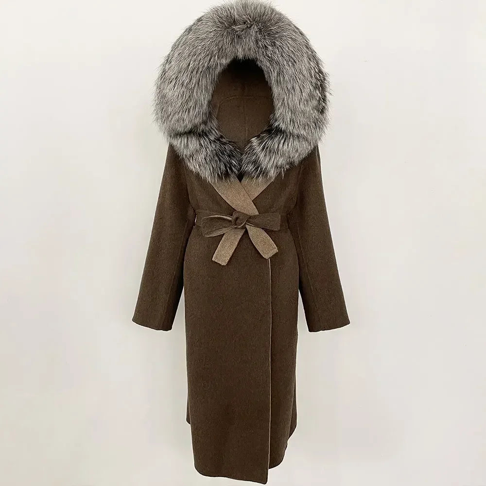 Real Natural Fox Fur Coat Winter Hooded Detachable Collar Fur Jacket Long Woolen Jacket Women Double-faced Casual Overwears