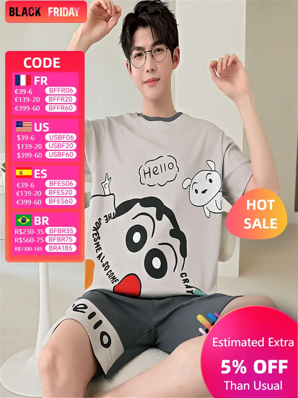 2025 Summer Men’s Sleepwear Cotton Cartoon Pajamas Sets For Man Short Loungewear Young Home Wear Fasion Student Pyjama Set Homme