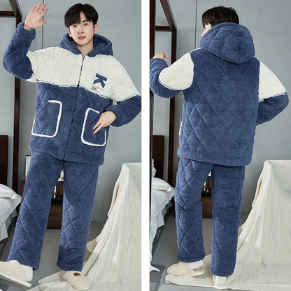 2 Pieces Set Flannel Homewear with Hood For Men 2025 New Zipper Home Clothes Plus Size L-3XL Thicken Nightwear Young Boy Warm Pj