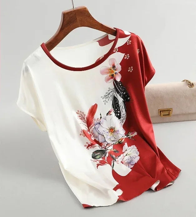 Plus Size Women Silk Satin Blouses Spring Summer Floral Printing Blouse Female Fashion Shirt Tops