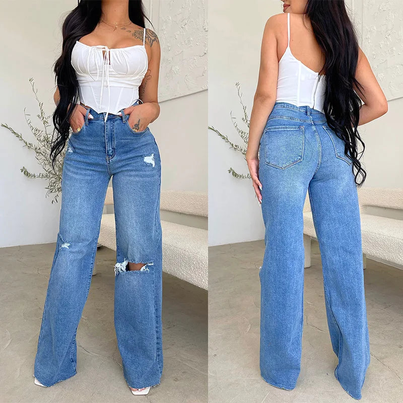 Women Jeans Wide Leg Pants Denim High Waist Zipper Fly Washing Holes Pockets High Street Ankle Length Flash Spring