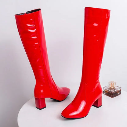 Autumn Winter Women‘s High Knee Boots Patent Leather Knee High Boots Women Waterproof White Red Black Party Fetish Shoes Lady