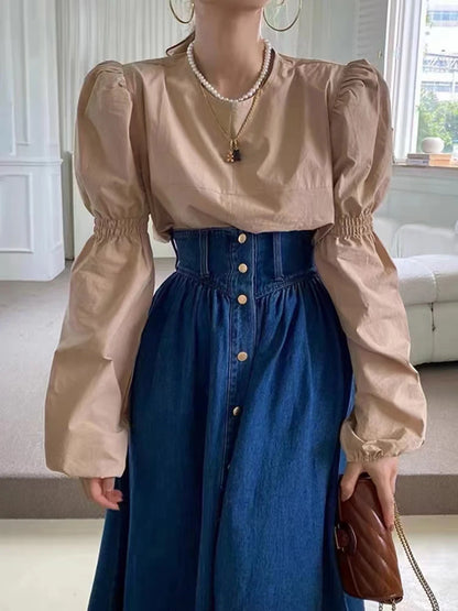 Vintage Blue Single-Breasted Jeans Skirts Trendy Fashion Pocket High Waist A-Line Skirt Female Long Maxi Denim Skirts Brand New