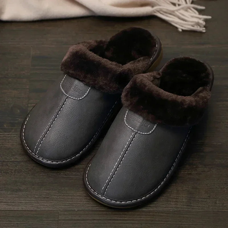 Men Winter Leather Slippers Bedroom Cotton Slippers Male Waterproof Thick Plus Velvet Indoor Warm House Home Slippers Shoes