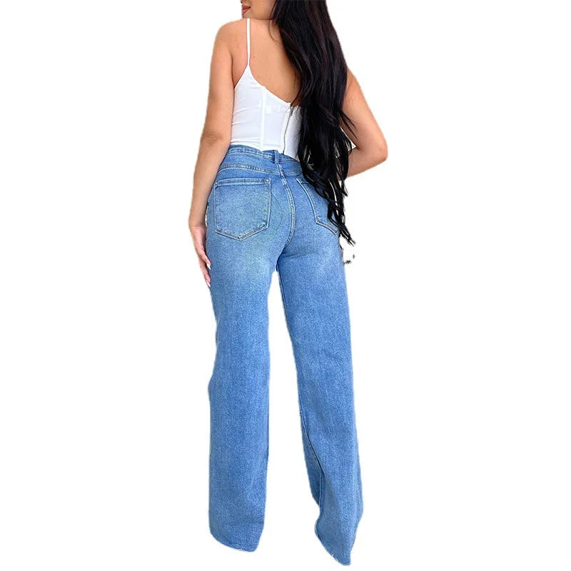 Women Jeans Wide Leg Pants Denim High Waist Zipper Fly Washing Holes Pockets High Street Ankle Length Flash Spring