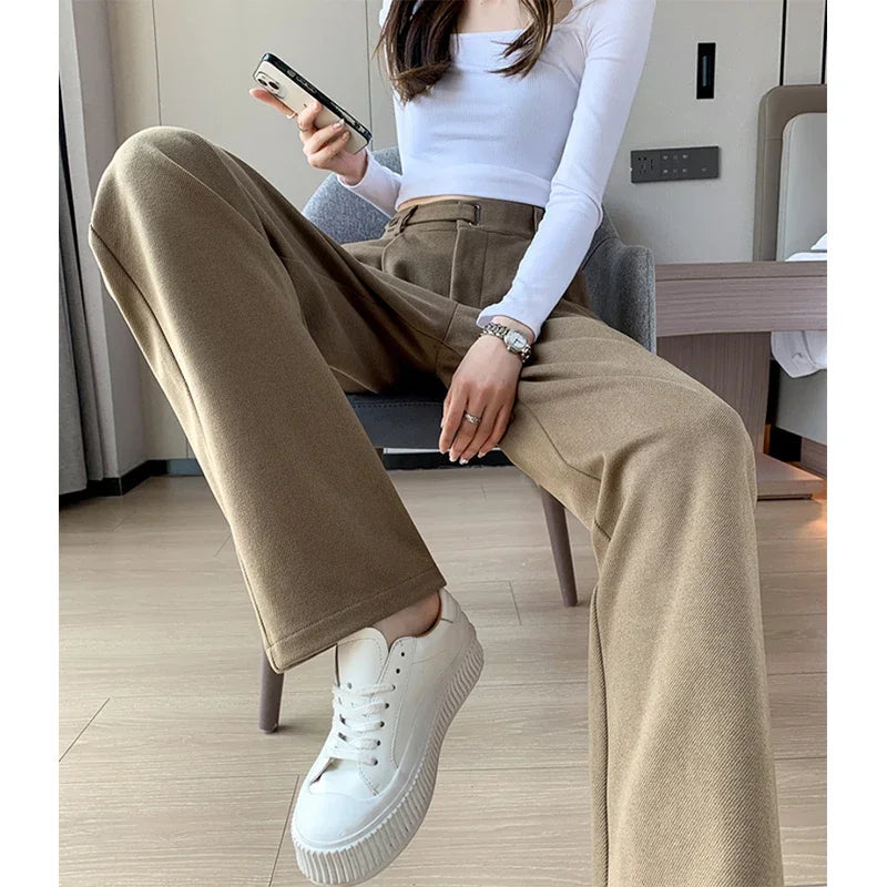 MEXZT Winter Wool Wide Leg Pants Women Streetwear High Waist Suit Straight Pants Korean Thick Black Baggy Woolen Full Trousers