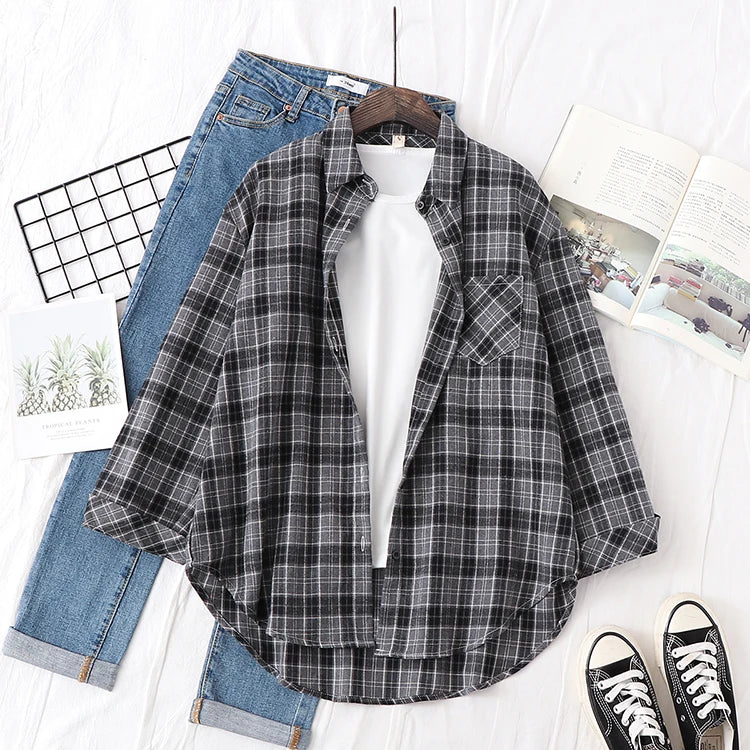 New Fashion Loose Womens Plaid Shirt Fresh College Style Design Blouses And Tops Long Sleeve Casual Female Checked Clothes