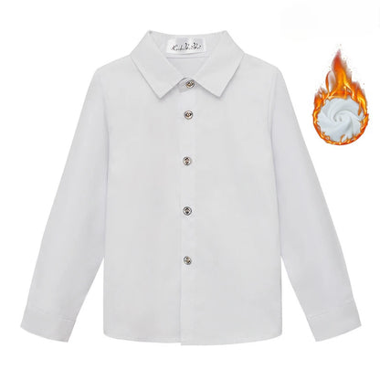 Winter Boys White Shirts Fleece Warm School Children Class Shirts Casual Cotton All-match Kids Long Sleeve Blouse Tops 2 To 12 Y