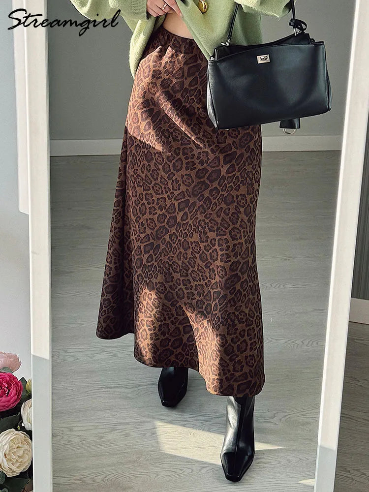 Winter Leopard Print Suede Skirt Long Women Autumn Vintage A Line Brown Maxi Skirts For Women Winter Warm Suede Leopard Skirts