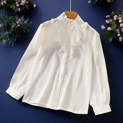 Longsleeve Clothes for Teenagers Chiffon Shirt for Girl White Blouses Kids Clothes Spring Children Clothing  6 8 9 10 12 13 14 Y