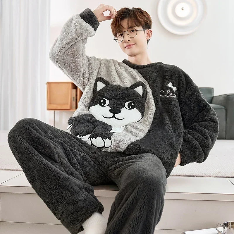 2025 New Winter Plus Size Long Sleeve Thick Warm Flannel Pajama Sets For Men Cute Cartoon Sleepwear Pyjama Homewear Home Clothes