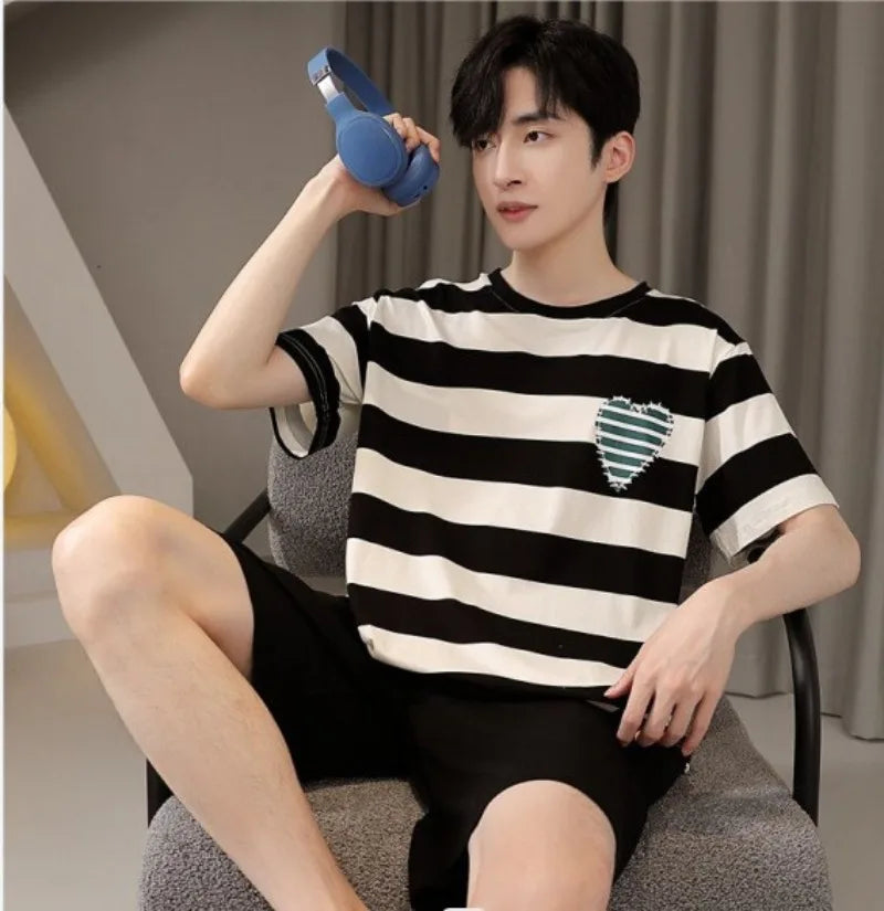 New Summer Pajamas for Men Faux Cotton Pijamas Striped Love Print Pyjamas Plus Size S-3XL Sleepwear Short Sleeve Shorts Pajama