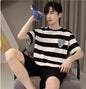 New Summer Pajamas for Men Faux Cotton Pijamas Striped Love Print Pyjamas Plus Size S-3XL Sleepwear Short Sleeve Shorts Pajama