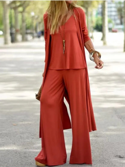 Spring Autumn Women New Casual Loose 3 Piece Set Fashion V-neck Halters + Straight Pants + Long Cardigan Female Solid Color Suit