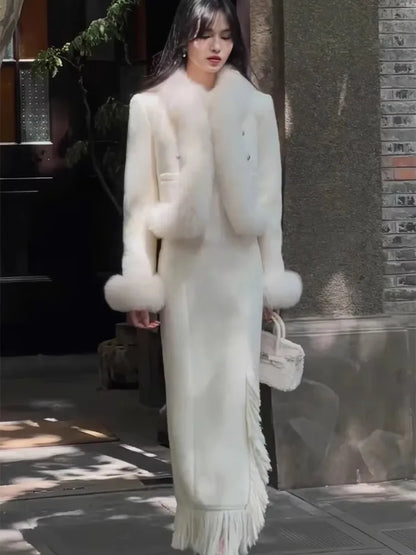 Winter Two-piece Set Korean Drama Chic Style White Petite Chiffon Mohair Coat Tulle Dress Suit for Women Female Office Lady New