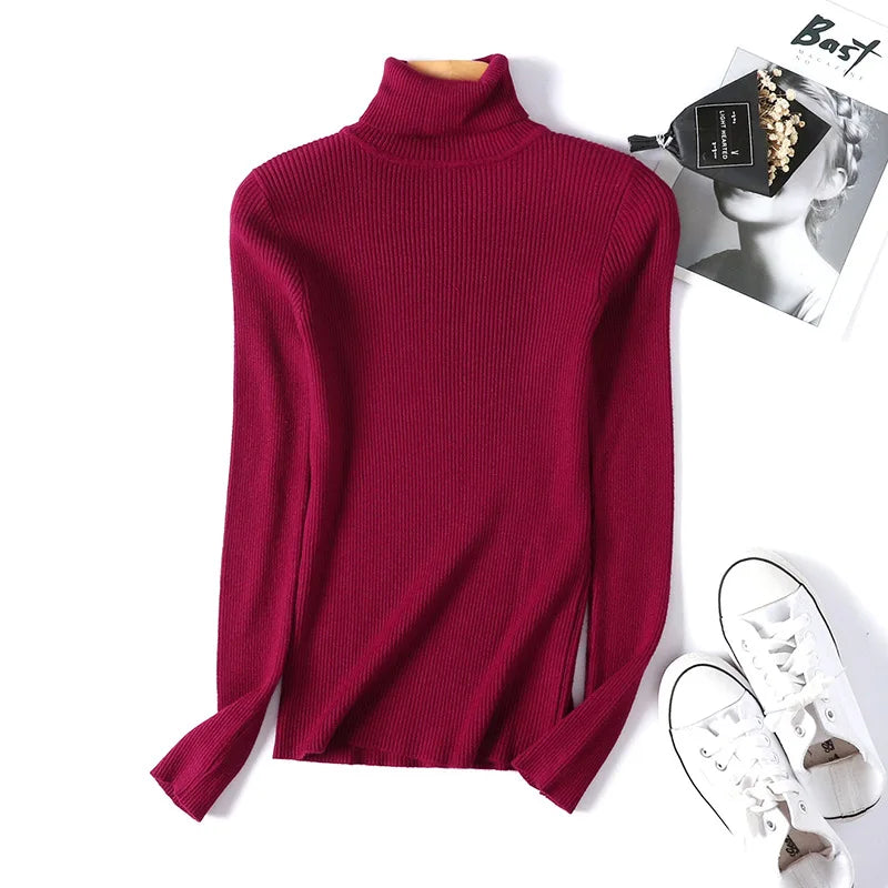 Autumn Winter Women Long Sleeve Knitted Foldover Turtleneck Ribbed Pull Sweater Soft Warm Femme Jumper Pullover Clothes